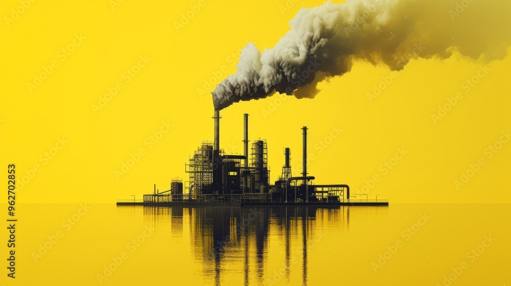 Fototapeta premium A solitary industrial smokestack emitting smoke into a yellow sky, reflecting the environmental and atmospheric consequences of industrial activities.