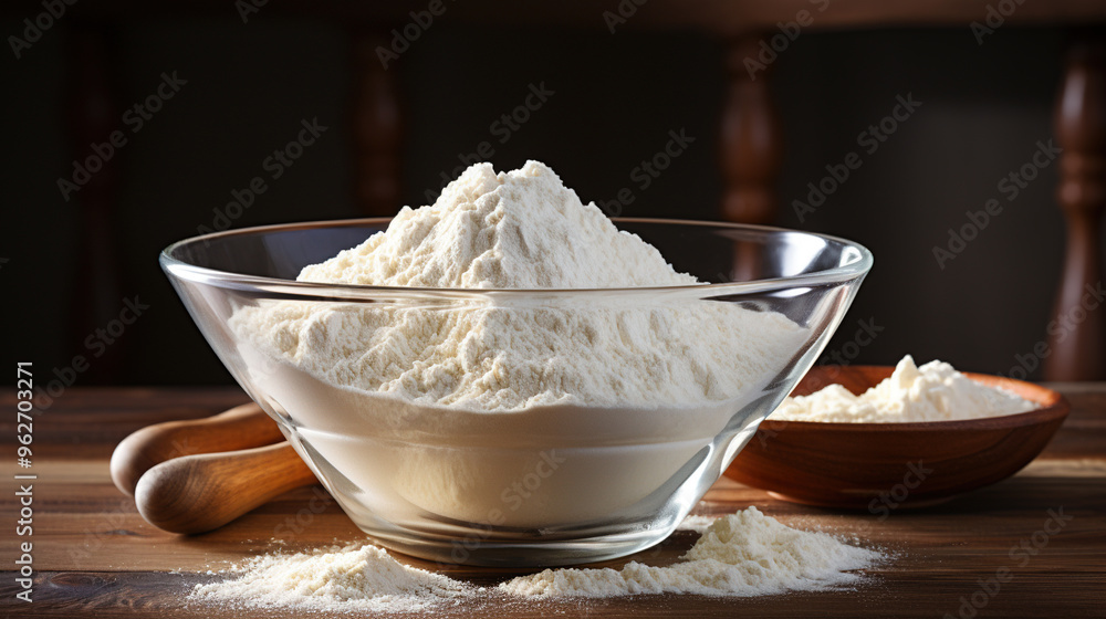 A Wooden Bowl of Flour On The Table A Wooden Bowl of Flour On The Table