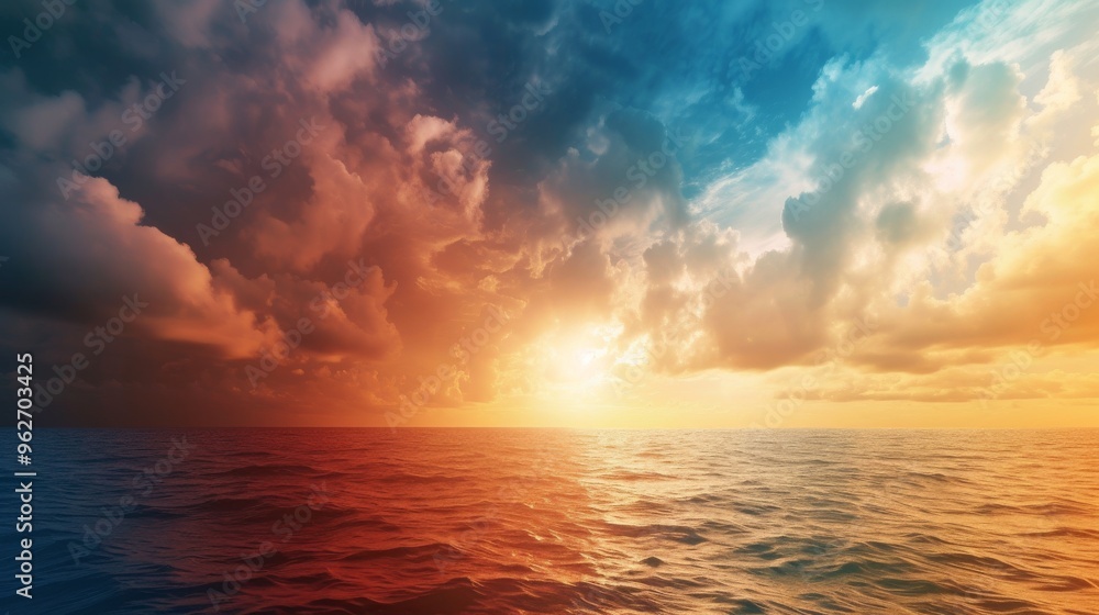 Captivating image of a sunset over the ocean, featuring dramatic, colorful clouds in a stunning sky. The serene water reflects the vibrant hues, creating a peaceful and picturesque scene perfect for Captivating image of a sunset over the ocean, featuring dramatic, colorful clouds in a stunning sky. The serene water reflects the vibrant hues, creating a peaceful and picturesque scene perfect for
