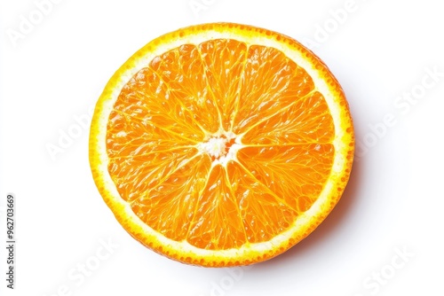 close up Orange fruit slice isolated on white background. Top view. Flat lay, ai