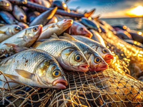 Freshly caught fish struggle to free themselves from the tight mesh of a worn fishing net, their scales glistening in the morning sunlight. photo