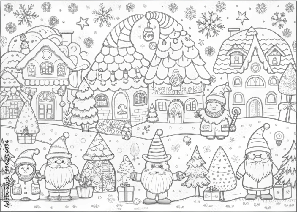 Obraz premium Whimsical Christmas Village with Elves for Coloring Books and Craft Projects