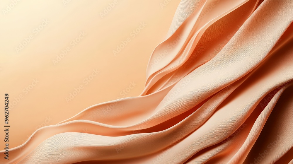 Fototapeta premium Soft, flowing peach fabric creating elegant, smooth waves and folds, illuminated by gentle light. Perfect for backgrounds, textures, and design.