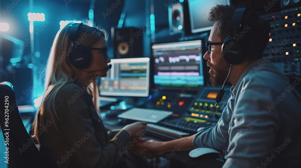 Music Production Duo Collaborating in a Studio Music Production Duo Collaborating in a Studio