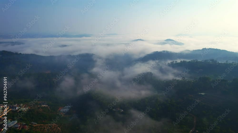 a serene landscape of Cau Dat, Da Lat city, with rolling hills enveloped in a blanket of mist at dawn, creating a tranquil and picturesque scene. a serene landscape of Cau Dat, Da Lat city, with rolling hills enveloped in a blanket of mist at dawn, creating a tranquil and picturesque scene.