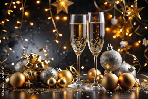 Golden And Silver Ornaments, Champagne Glasses, And Confetti On A Sparkling Black Background For New Year'S Eve Celebrations.