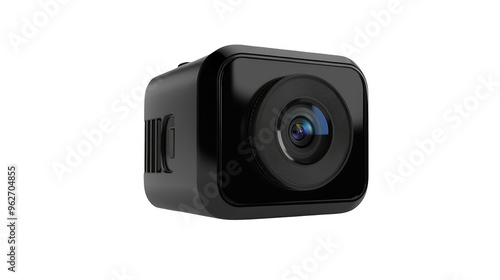 Black square action camera with lens isolated transparent background