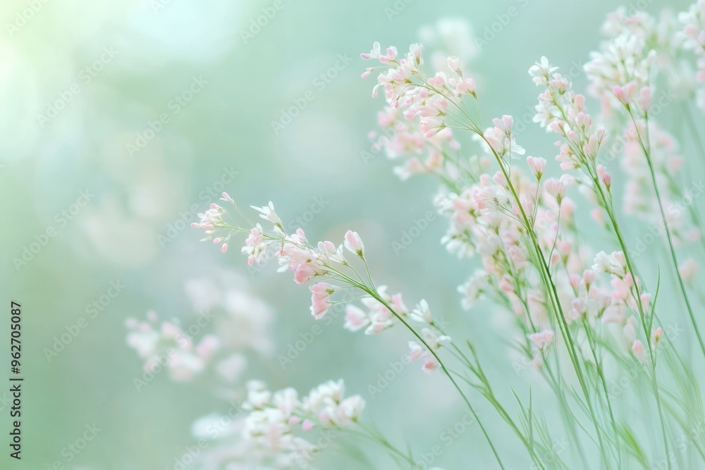 Fototapeta premium Delicate Pink Flowers in a Soft Green Field