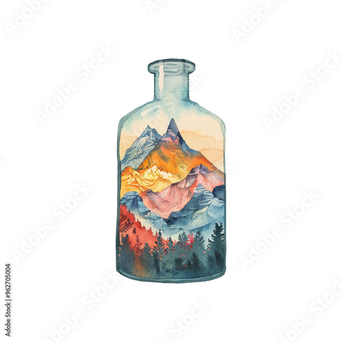 beautiful mountain in the bottle vector illustration in watercolor style