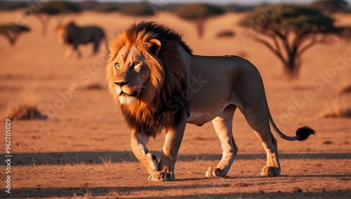 Experience the breathtaking beauty of the African savannah with this captivating image of a powerful lion walking gracefully through the golden hour. As the sun dips toward the horizon, it bathes the 