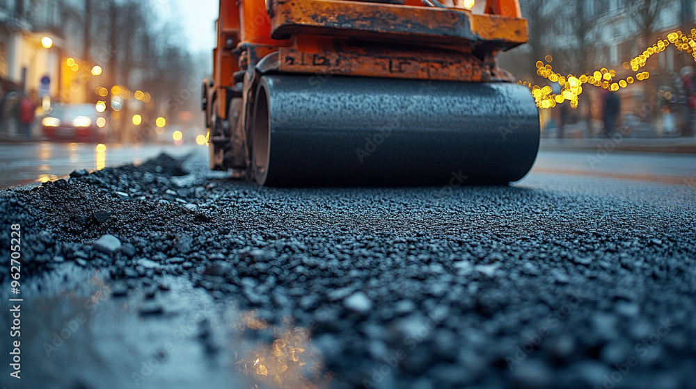 large road roller compacts fresh asphalt on a new roadway under construction, symbolizing progress, development, and the foundation of future infrastructure in urban or rural environments large road roller compacts fresh asphalt on a new roadway under construction, symbolizing progress, development, and the foundation of future infrastructure in urban or rural environments