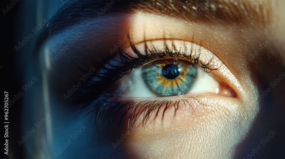 Close-up of a blue female eye with natural lighting and visible detail in the iris and eyelashes. Close-up of a blue female eye with natural lighting and visible detail in the iris and eyelashes.