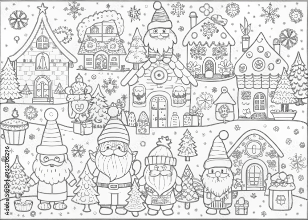 Obraz premium Whimsical Christmas Village with Elves for Coloring Books and Craft Projects