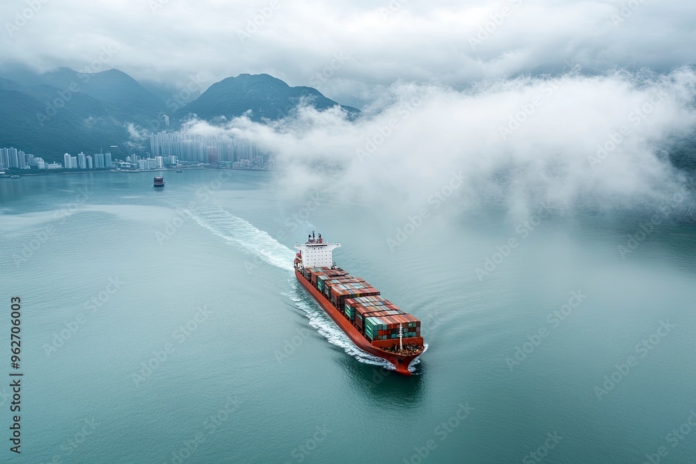 Fototapeta premium Aerial view of a cargo ship sailing the Hong Kong bay with low clouds, China , ai