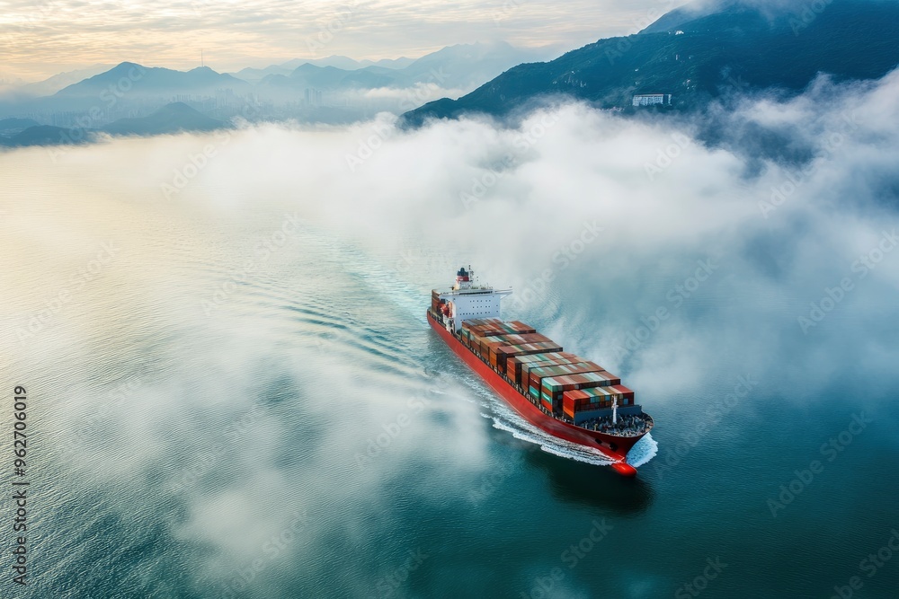 Fototapeta premium Aerial view of a cargo ship sailing the Hong Kong bay with low clouds, China , ai