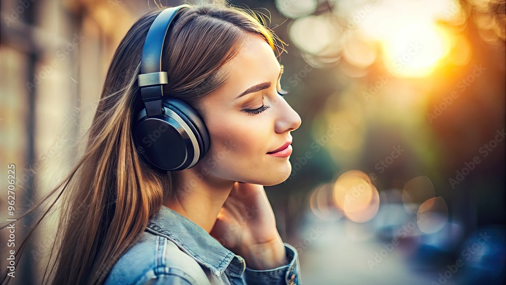 Headphones Placed Over A Young Woman'S Ears As She Listens Intently To Music, Lost In The Melodies. Headphones Placed Over A Young Woman'S Ears As She Listens Intently To Music, Lost In The Melodies.