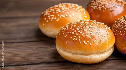 Freshly baked sesame seed burger buns arranged on a wooden table, showcasing their golden color and soft texture.