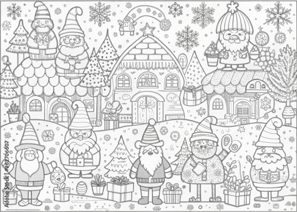 Obraz premium Whimsical Christmas Village with Elves for Coloring Books and Craft Projects