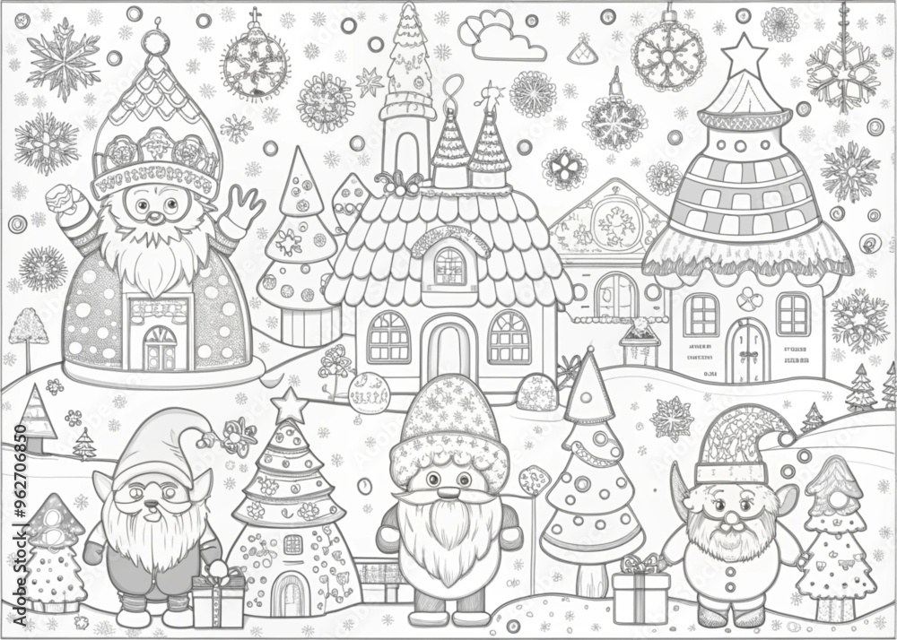 Fototapeta premium Whimsical Christmas Village with Elves for Coloring Books and Craft Projects
