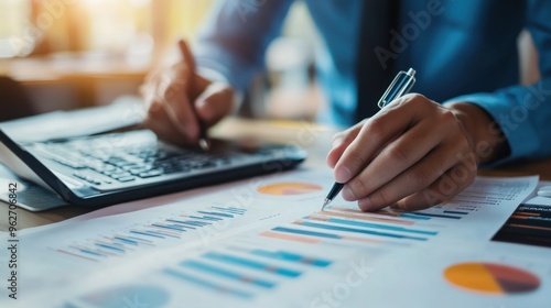 Businessman analyzing data on a laptop and a calculator