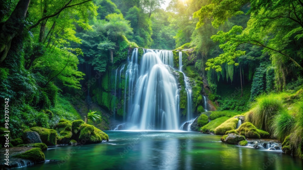 Waterfall cascading through lush green forest, waterfall, forest, nature, landscape, scenic, peaceful, tranquil, serene Waterfall cascading through lush green forest, waterfall, forest, nature, landscape, scenic, peaceful, tranquil, serene