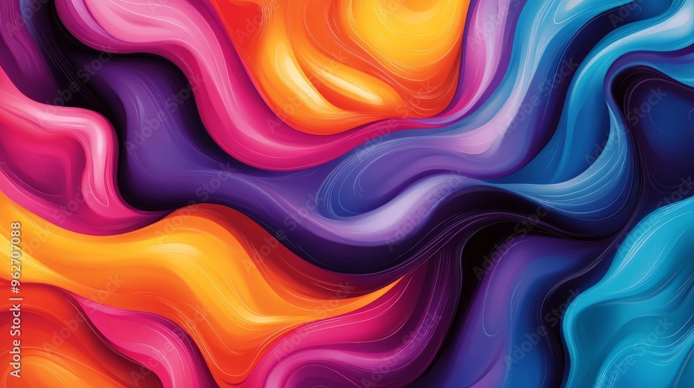 Obraz premium Vibrant abstract colorful waves background with fluid motion shapes in shades of blue, purple, orange, and pink.