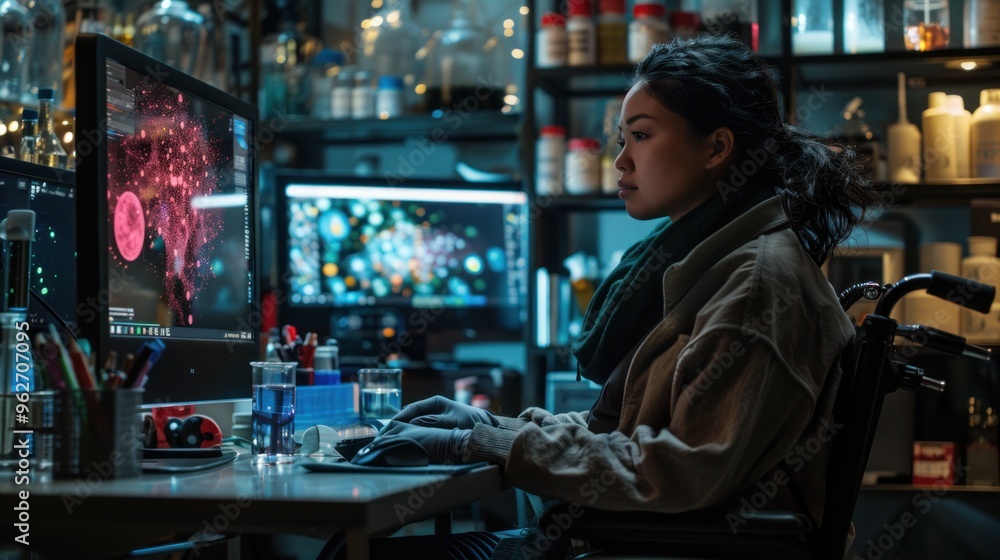A lab full of equipment with a woman in a wheelchair looking intently at a computer screen. A lab full of equipment with a woman in a wheelchair looking intently at a computer screen.