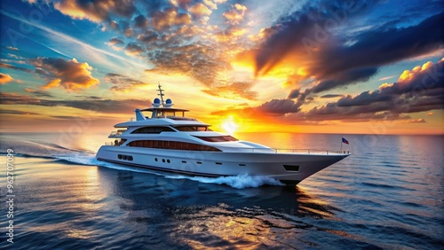 Luxury yacht cruising in deep blue open ocean sea at sunset, luxury yacht, cruise ship, ocean, sea, sunset, aerial view