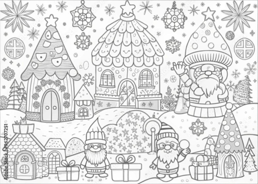 Obraz premium Whimsical Christmas Village with Elves for Coloring Books and Craft Projects