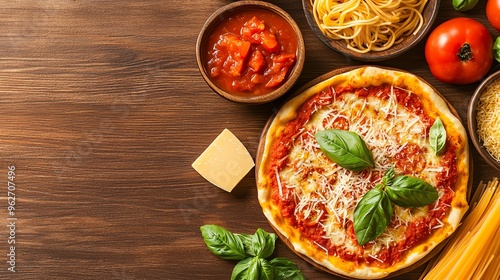 Delicious Italian pizza with cheese, fresh basil, and accompanying pasta and tomatoes on a rustic wooden table. photo