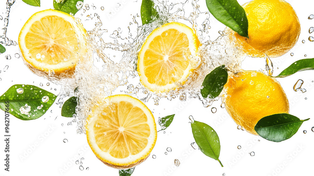 Fresh Lemons Splashing in Water with Green Leaves Fresh Lemons Splashing in Water with Green Leaves