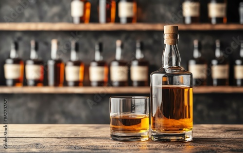 A stylish whiskey bottle and glass with amber liquid on a wooden surface, with a blurred background of whiskey bottles. photo