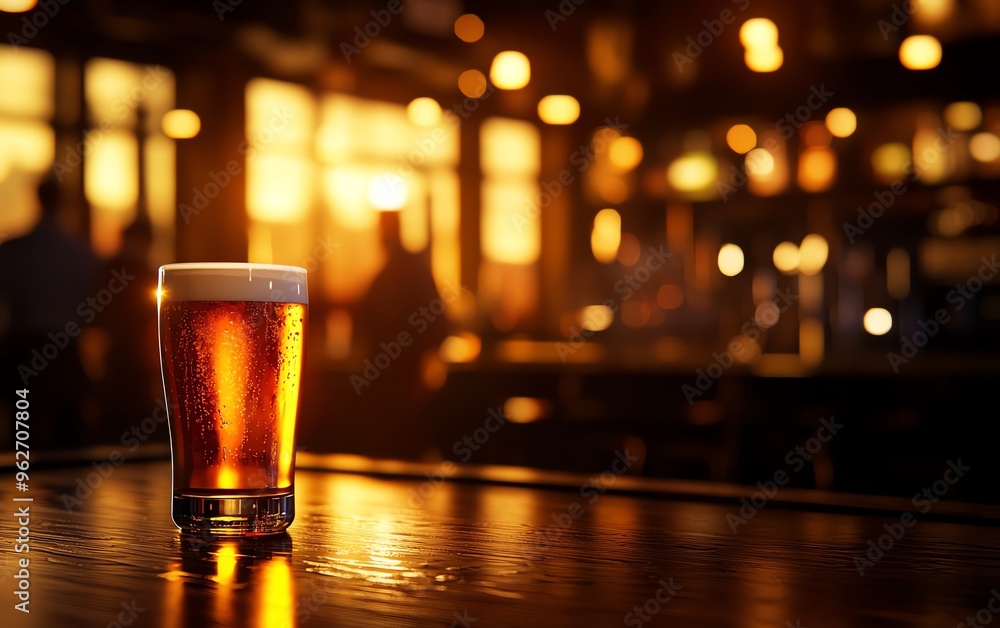 A refreshing glass of beer rests on a wooden table, illuminated by warm, ambient lighting in a cozy bar setting. A refreshing glass of beer rests on a wooden table, illuminated by warm, ambient lighting in a cozy bar setting.