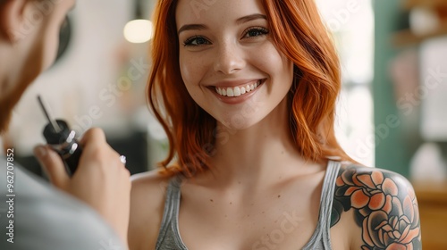 A joyful woman with vibrant red hair smiles while getting a tattoo in a bright studio, showcasing art and creativity. photo