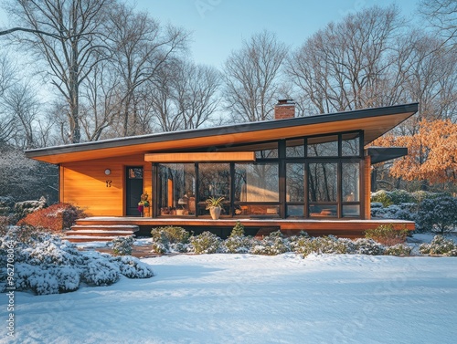 Modern home with dramatic roofline covered in snow photo