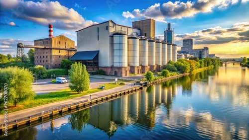 Industrial waterfront complex with grain elevators, silos, and warehouses alongside a serene river, surrounded by lush greenery and a hint of urban landscape.