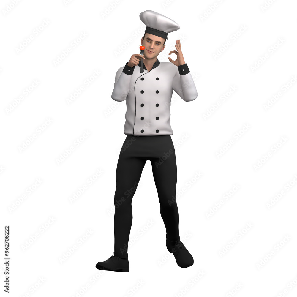 3D Illustration of Professional Male Chef. A male chef stands holding a fork with a tomato on it, while giving an 3D Illustration of Professional Male Chef. A male chef stands holding a fork with a tomato on it, while giving an
