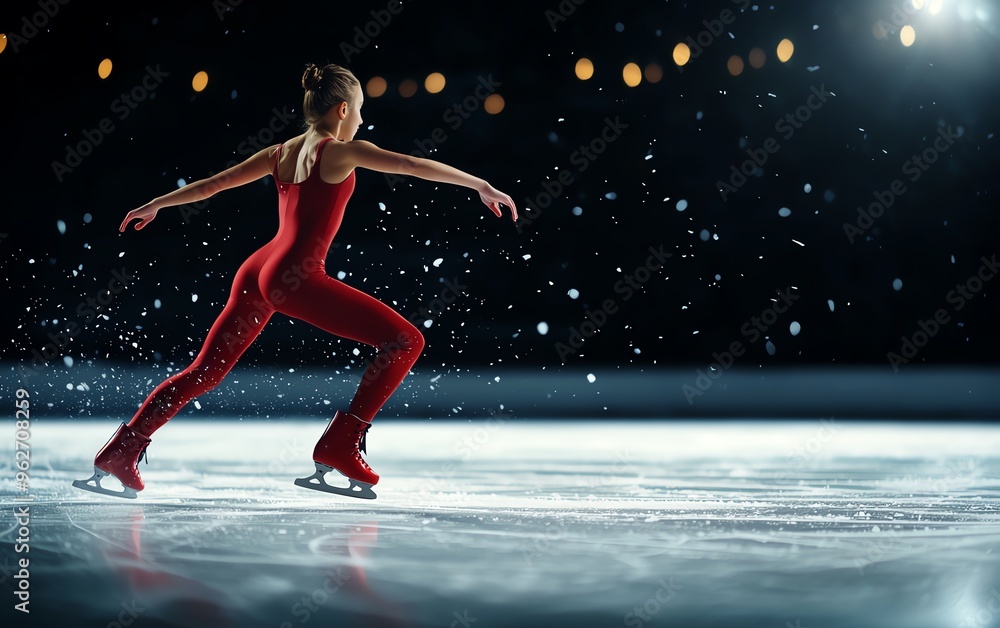 A graceful figure skater performs a stunning routine on ice, showcasing elegance and athleticism amidst a dramatic backdrop. A graceful figure skater performs a stunning routine on ice, showcasing elegance and athleticism amidst a dramatic backdrop.
