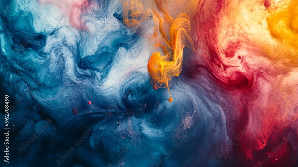 Vibrant abstract paint swirling in water, mixing bright colors blue, red, yellow, and orange creating a mesmerizing flow art background. Vibrant abstract paint swirling in water, mixing bright colors blue, red, yellow, and orange creating a mesmerizing flow art background.