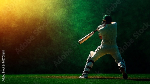 A dynamic cricket player prepares to strike the ball, showcasing skill and athleticism in a vibrant, colorful setting.