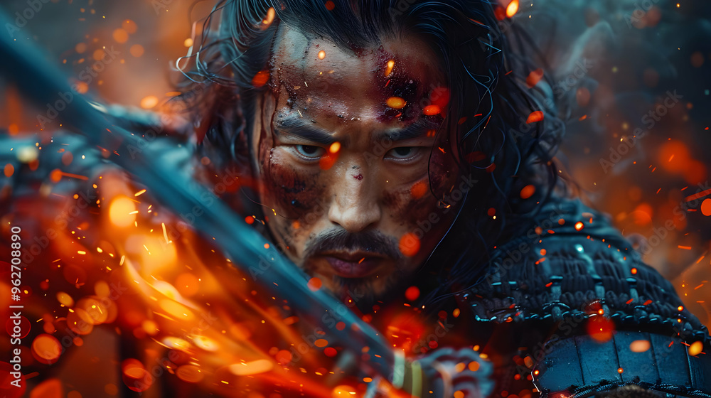 Fiery Warrior: Closeup Portrait of a Wounded Samurai in Battle Fiery Warrior: Closeup Portrait of a Wounded Samurai in Battle