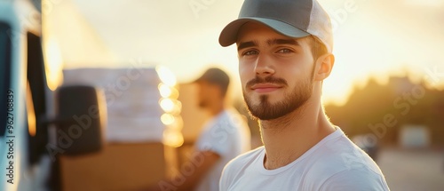 A confident young man with a beard stands beside a delivery truck during sunset, ready for work in a logistics environment. photo