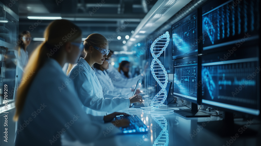 Scientist Examining DNA Data on Advanced Digital Screen in High-Tech Laboratory Scientist Examining DNA Data on Advanced Digital Screen in High-Tech Laboratory