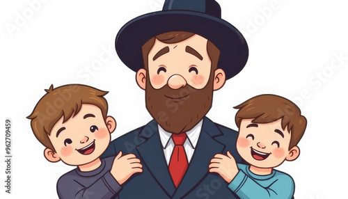 A man in a hat is hugging two children photo