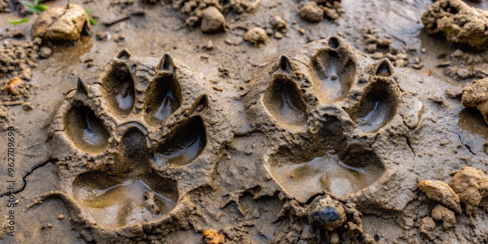 Intricate Paw Prints Of A Fox Left Behind In Moist, Soft, Muddy Terrain Intricate Paw Prints Of A Fox Left Behind In Moist, Soft, Muddy Terrain