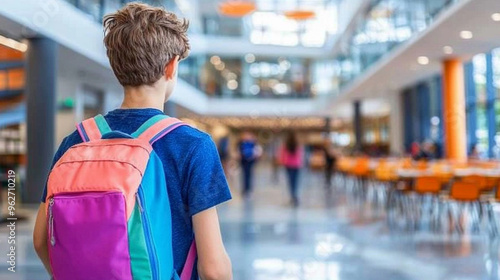 young boy enters a brightly lit classroom, his back facing the camera. The colorful surroundings evoke curiosity, new beginnings, and the promise of learning, symbolizing growth, hope, and potential photo