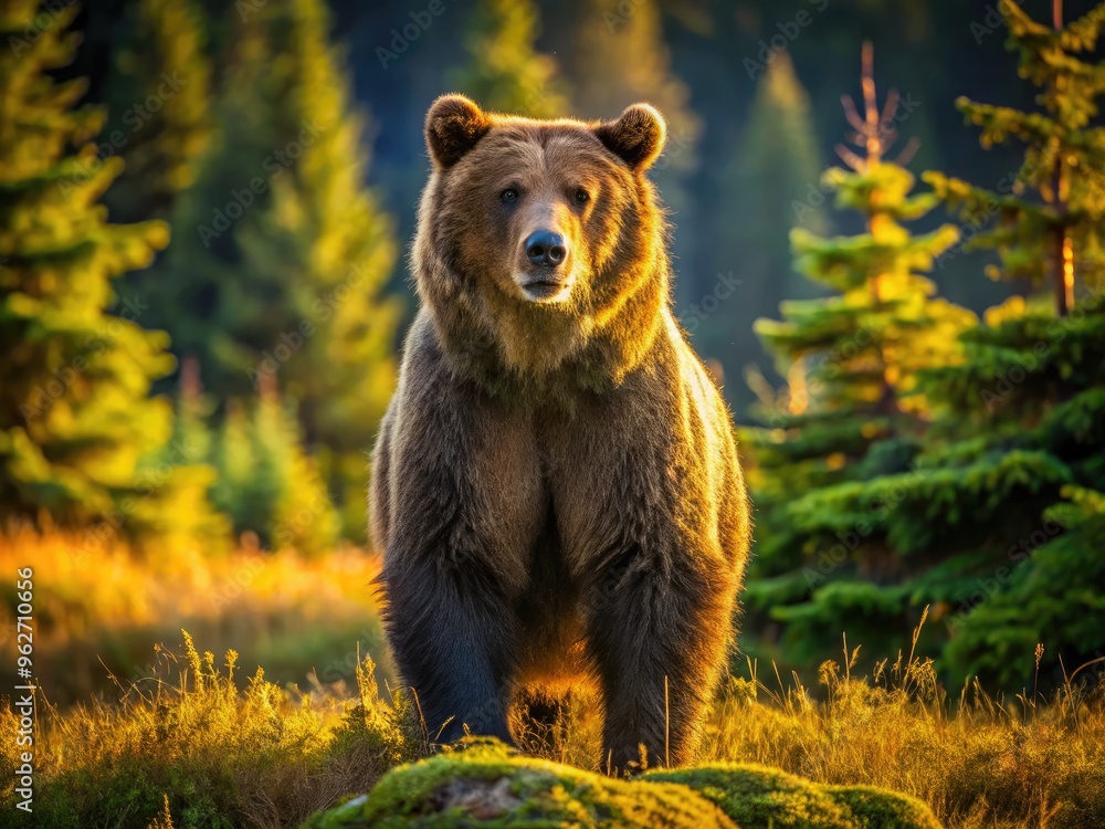 Large, majestic grizzly bear stands upright on forest floor, rugged fur glistening in warm sunlight, claws extended, and eyes fixed intently on the surrounding wilderness. Large, majestic grizzly bear stands upright on forest floor, rugged fur glistening in warm sunlight, claws extended, and eyes fixed intently on the surrounding wilderness.