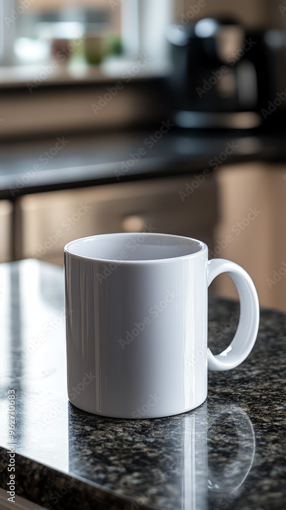 White ceramic mug on a kitchen countertop. White ceramic mug on a kitchen countertop.