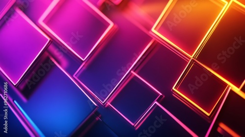 Vibrant geometric abstract background featuring illuminated squares and rectangles in neon purple, pink, and orange hues.