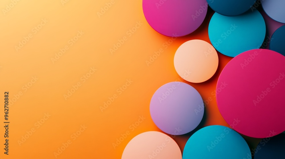 Vibrant overlapping 3D circles in various colors against an orange background. Modern, colorful, and abstract visual representation. Vibrant overlapping 3D circles in various colors against an orange background. Modern, colorful, and abstract visual representation.